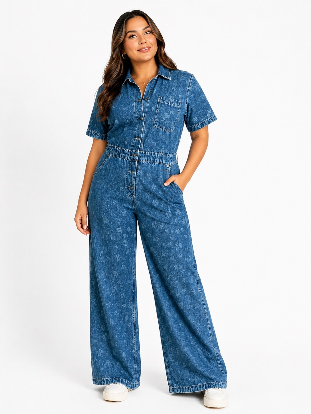 Denim Wide-Leg Jumpsuit - Blue